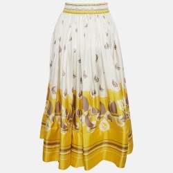  Zimmermann White/Yellow High Tide Sailboats Print Silk Midi Skirt S