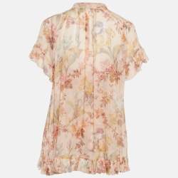 Pre Owned Zimmermann Beige Floral Print Silk Neck-Tie Espionage Blouse S