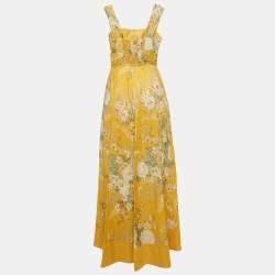 Pre Owned Zimmermann Yellow Floral Print Linen Sleeveless Maxi Dress M