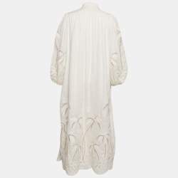Pre Owned Zimmermann Off-White Embroidered Linen Puff Sleeve Midi Dress S