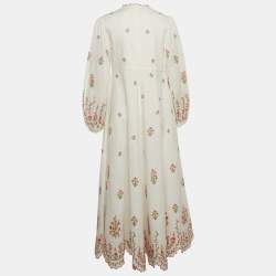 Pre Owned Zimmermann White Poppy Floral Embroidered Linen Scallop Midi Dress L