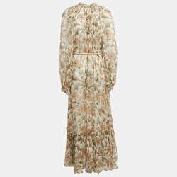 Pre Owned Zimmermann Beige Floral Print Chiffon Belted Maxi Dress L