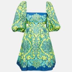 Pre Owned Zimmermann Green Printed Linen Cut-Out Nina Mini Dress S