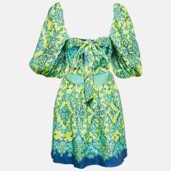 Pre Owned Zimmermann Green Printed Linen Cut-Out Nina Mini Dress S