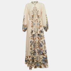 Pre Owned Zimmermann Beige Floral Print Linen Button Front Maxi Dress M