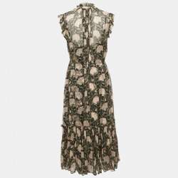 Pre Owned Zimmermann Black Floral Print Silk Flounce Midi Dress L