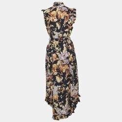 مملوكة مسبقًا Zimmermann Navy Blue Floral Print Silk Ruffled Midi Dress M