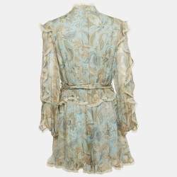 Pre Owned Zimmermann Blue Paisley Print Silk Lace Insert Playsuit L