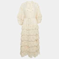 Zimmermann Cream Ramie Broderie Anglaise Tiered Midi Dress M