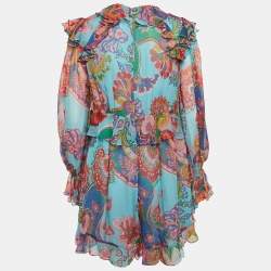 Pre Owned Zimmermann Blue Floral Print Silk Chiffon Ruffled Playsuit L