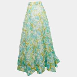 Pre Owned Zimmermann Blue Abstract Floral Print Linen Blend High-Tide Maxi Skirt L
