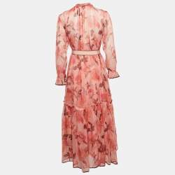 Pre Owned Zimmermann Pink Floral Print Chiffon Silk Ruffled Midi Dress L