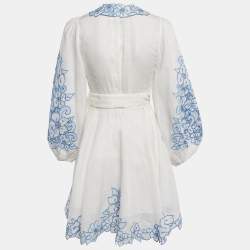 Pre Owned Zimmermann White Floral Embroidery Linen Mini Wrap Dress XS