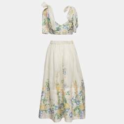 Zimmermann White Floral Print Linen Blend Top and Skirt Set M