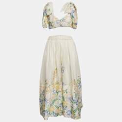 Zimmermann White Floral Print Linen Blend Top and Skirt Set M