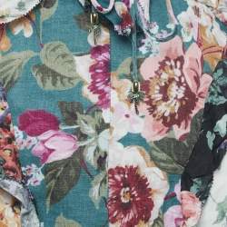 Pre Owned Zimmermann Green/Burgundy Floral-print Linen Allia Cutout Ruffled Mini Dress M