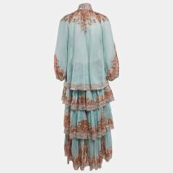 Zimmermann Blue/Multicolor Ramie Flounce Skirt and Top Set S
