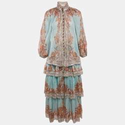 Zimmermann Blue/Multicolor Ramie Flounce Skirt and Top Set S