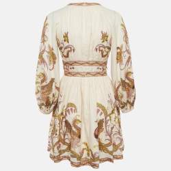 Pre Owned Zimmermann Cream Floral Print Linen Cassia Plunge Bow Mini Dress M