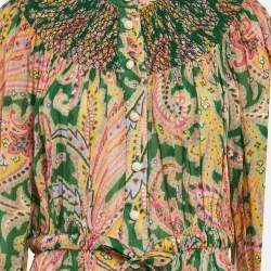 Pre Owned Zimmermann Green/Yellow Teddy Paisley Print Shirring Detail Blouse L
