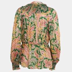 Pre Owned Zimmermann Green/Yellow Teddy Paisley Print Shirring Detail Blouse L