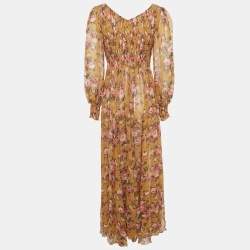 Pre Owned Zimmermann Mustard Yellow Floral Print Smocked Maxi Dress L