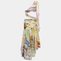 Zimmermann Multicolor Printed Linen and Silk Cut-Out Detail One Shoulder Gown M