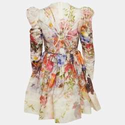 Pre Owned Zimmermann White/Purple Floral Print Linen Blend Mini Dress M