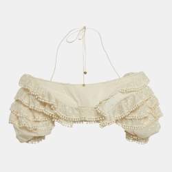 Pre Owned Zimmermann Off White Cotton Blend Ruffled Off Shoulder Crop Top M