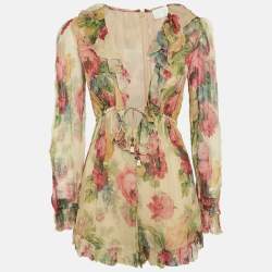 Zimmermann Beige Floral Print Georgette Silk Ruffled Playsuit S
