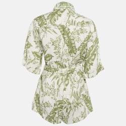 Pre Owned Zimmermann White/Green Leaf Print Linen Empire Playsuit M