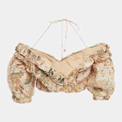 Pre Owned Zimmermann Beige Floral Print Linen Ruffled Crop Top M