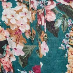 Pre Owned Zimmermann Green/Burgundy Floral-print Linen Cut-Out Allia Mini Dress M