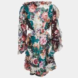 Pre Owned Zimmermann Green/Burgundy Floral-print Linen Cut-Out Allia Mini Dress M