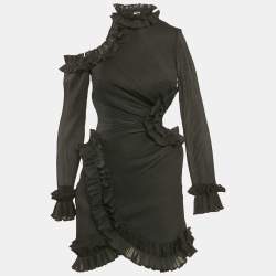 Pre Owned Zimmermann Black Plisse Ruffled Cut-Out Mini Dress XS