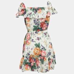 Pre Owned Zimmermann White Floral Print Linen Tie-Up Strap Detail Belted Allia Mini Dress XS