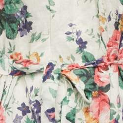 Pre Owned Zimmermann White Floral Print Linen Tie-Up Strap Detail Belted Allia Mini Dress XS