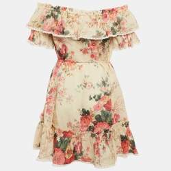 Pre Owned Zimmermann Beige Floral Print Off-Shoulder Ruffled Mini Dress XS