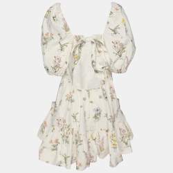 مملوكة مسبقًا Zimmermann White Floral Print Cotton Jeannie Open Back Ruffled Mini Dress M