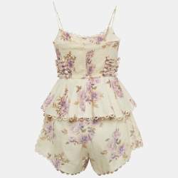 Zimmermann Beige Floral Print Linen Shorts and Top Set XS