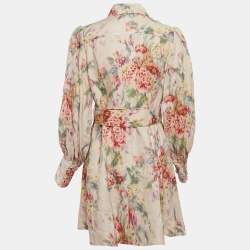 Zimmermann Pink Wavelength Print Linen Belted Mini Dress L