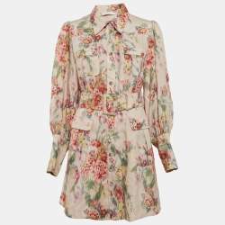 Zimmermann Pink Wavelength Print Linen Belted Mini Dress L