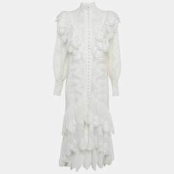 Zimmermann White Wave Lace Linen Tiered Midi Dress M
