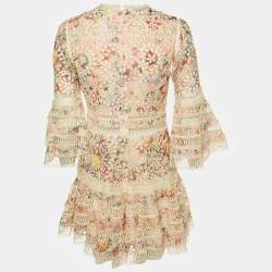 Pre Owned Zimmermann Cream Printed Cotton & Lace Trim Mini Dress M