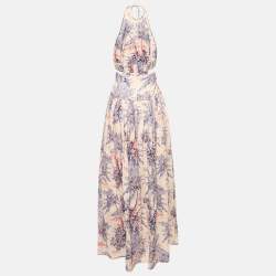 Zimmermann Pink Tree Print Linen Cut-Out Halter Neck Cira Maxi Dress M