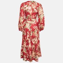 Zimmermann Red Floral Print Linen Lexi Wrap Long Dress S