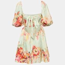 Pre Owned Zimmermann Blue Floral Print Linen Mae Cut Out Mini Dress S