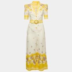Zimmermann White/Yellow High Tide Linen Belted Jumpsuit S