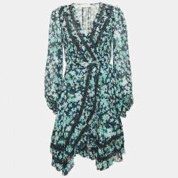 Zimmermann Blue Floral Print Crepe Ruffled  Wrap Mini Dress S