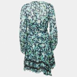 Zimmermann Blue Floral Print Crepe Ruffled  Wrap Mini Dress S